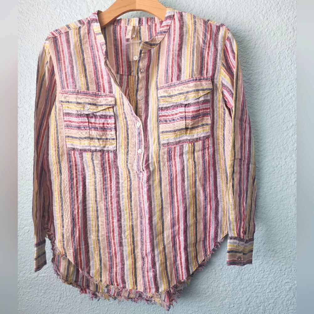 Elan linen coastal top blouse stripe new raw hem